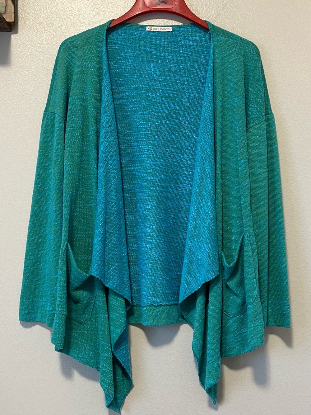 Pure Karma Waterfall Cardigan - Marled Knit Front Pockets Teal & Green - Large